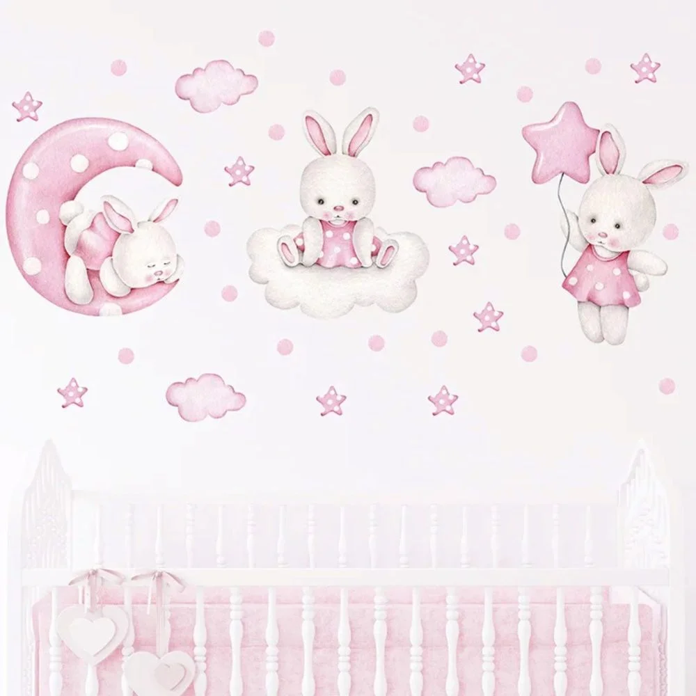 Wandsticker tanzender Hase mit Ballon, Wolken & Sternen