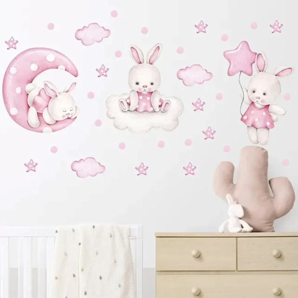 Wandsticker tanzender Hase mit Ballon, Wolken & Sternen