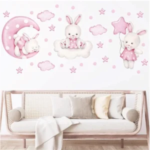 Dancing Bunny with Balloon, Clouds & Stars Wall Sticker
