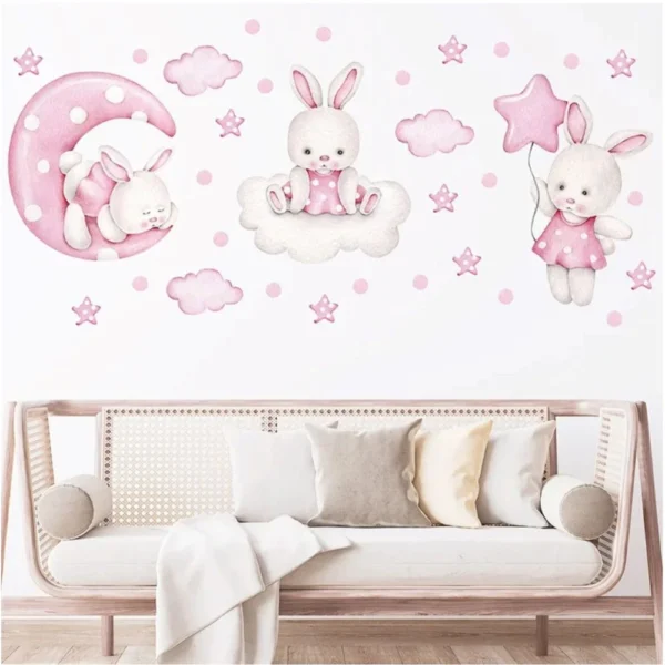Wandsticker tanzender Hase mit Ballon, Wolken & Sternen