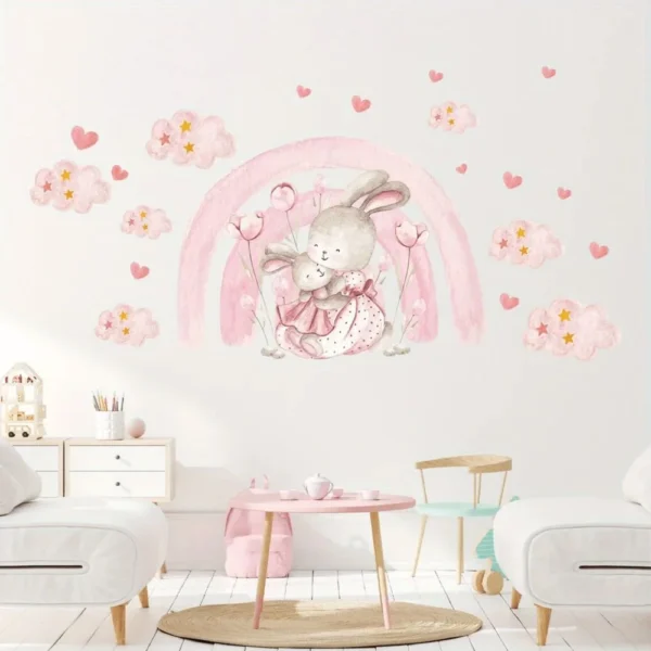 Wandtattoo rosa Regenbogen, Herz, Wolke & Hase
