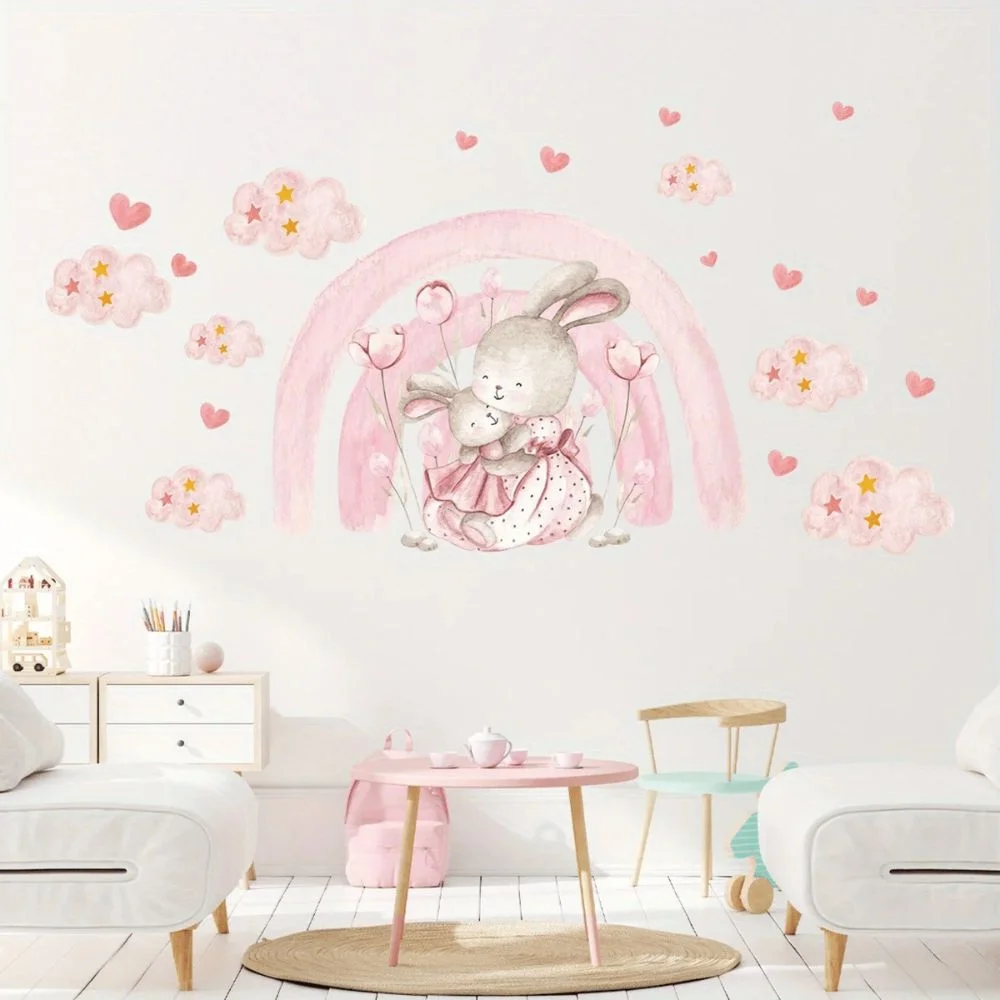 Wandtattoo rosa Regenbogen, Herz, Wolke & Hase