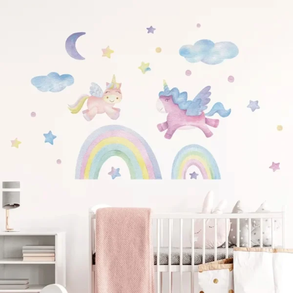 Wandtattoo Einhorn & Regenbogen mit Wolken, Mond & Sternen