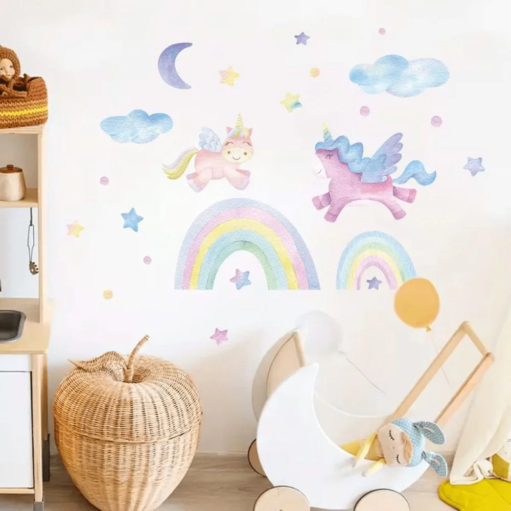 Wandtattoo Einhorn & Regenbogen mit Wolken, Mond & Sternen
