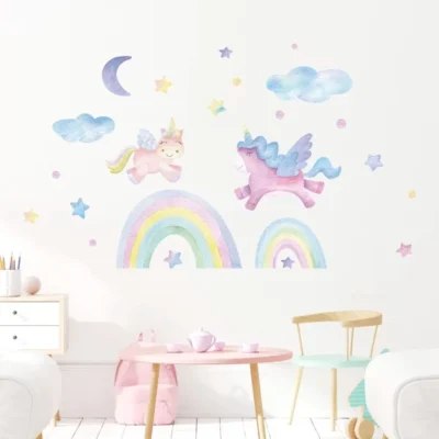 Unicorn & Rainbow Wall Sticker with Clouds, Moon & Stars