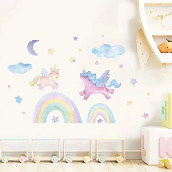 Wandtattoo Einhorn & Regenbogen mit Wolken, Mond & Sternen