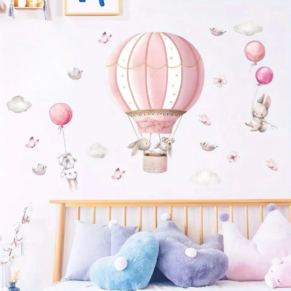 Wall decal/wall sticker for children with cute rabbits, pink balloon clouds