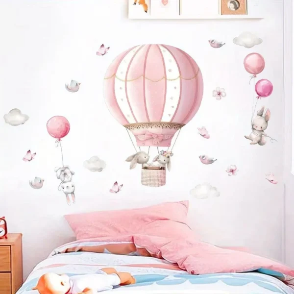 Wall decal/wall sticker for children with cute rabbits, pink balloon clouds