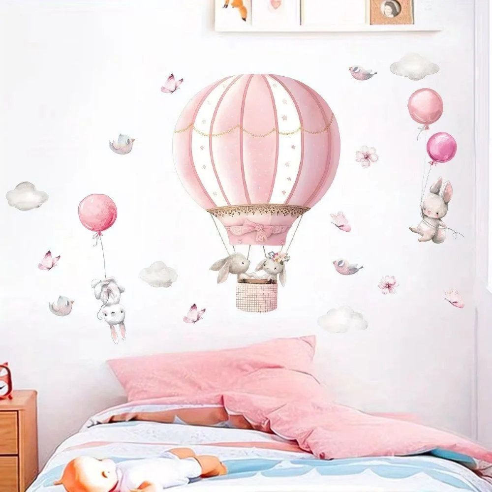 Wall decal/wall sticker for children with cute rabbits, pink balloon clouds