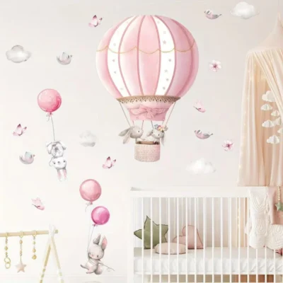 Wall decal/wall sticker for children with cute rabbits, pink balloon clouds