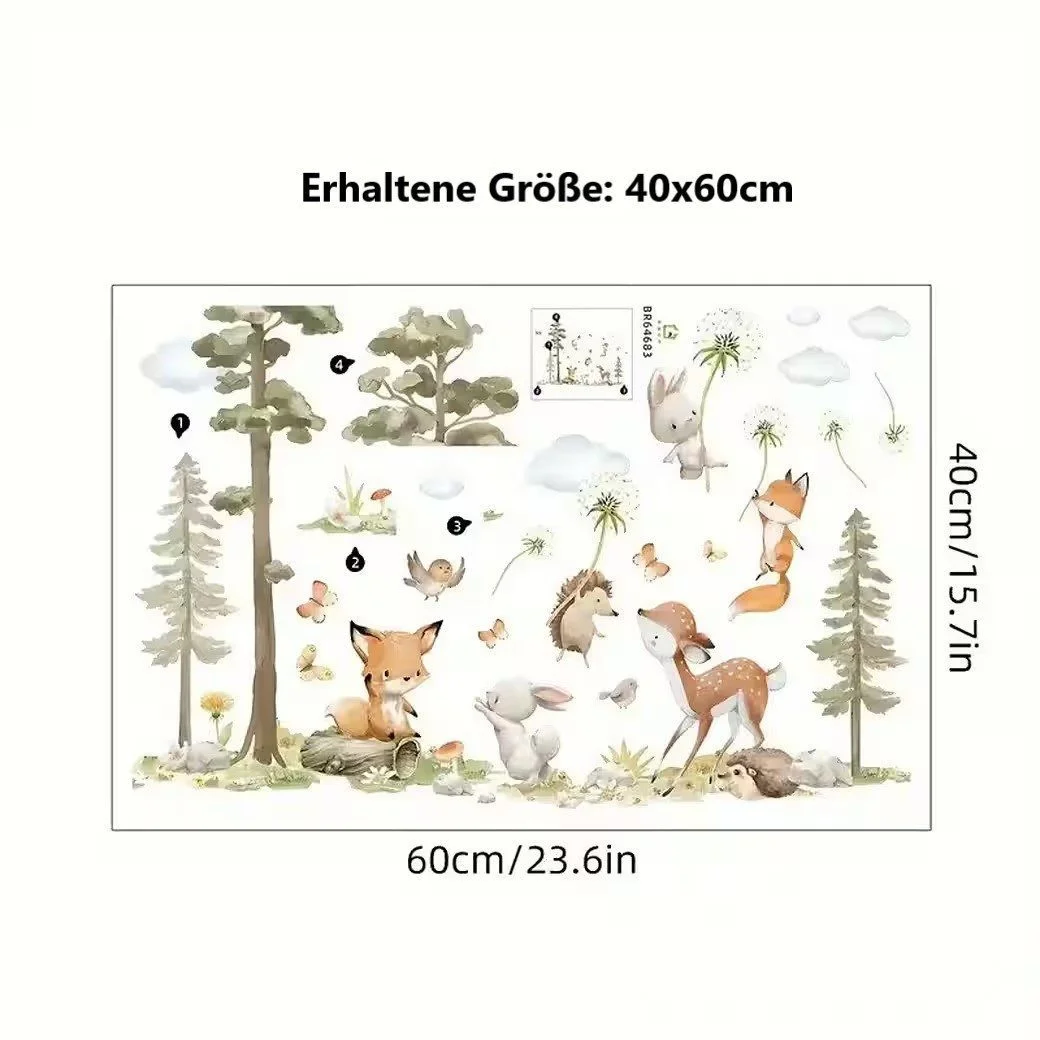 Wandtattoo Wandaufkleber Kaninchen Fuchs Hirsch Baum für Kinderzimmer