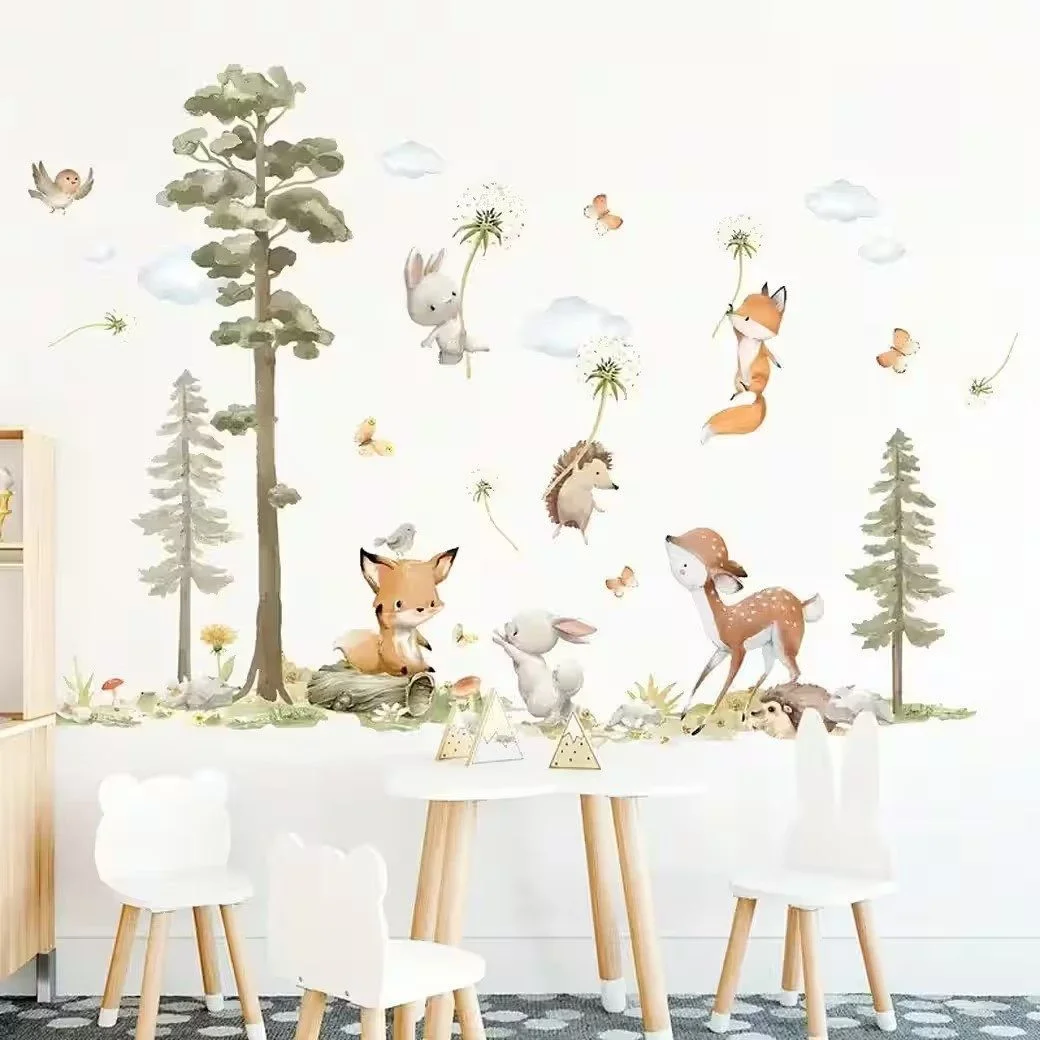 Wandtattoo Wandaufkleber Kaninchen Fuchs Hirsch Baum für Kinderzimmer