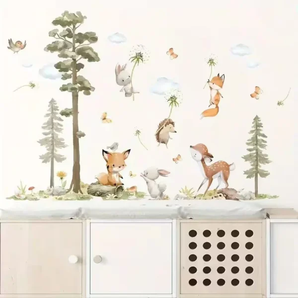 Wandtattoo Wandaufkleber Kaninchen Fuchs Hirsch Baum für Kinderzimmer