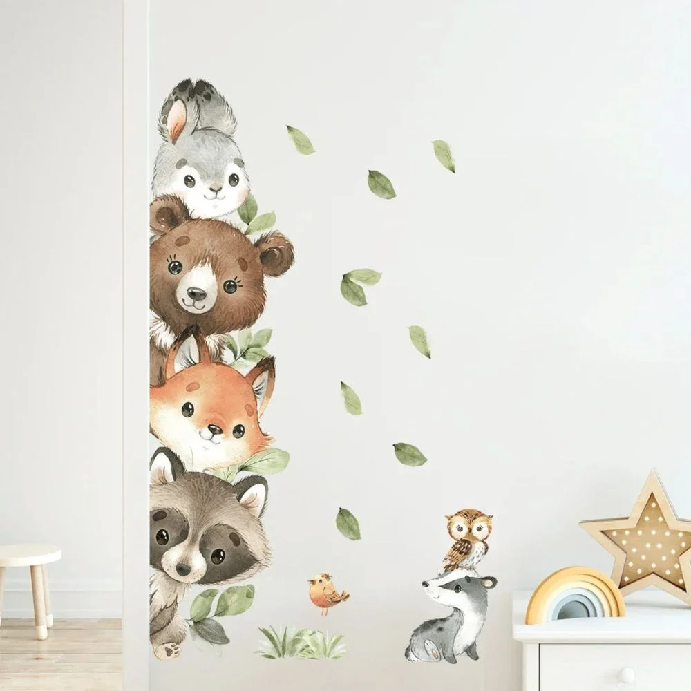 Wandsticker Bär, Fuchs & Hase mit Blättern – Hochformat