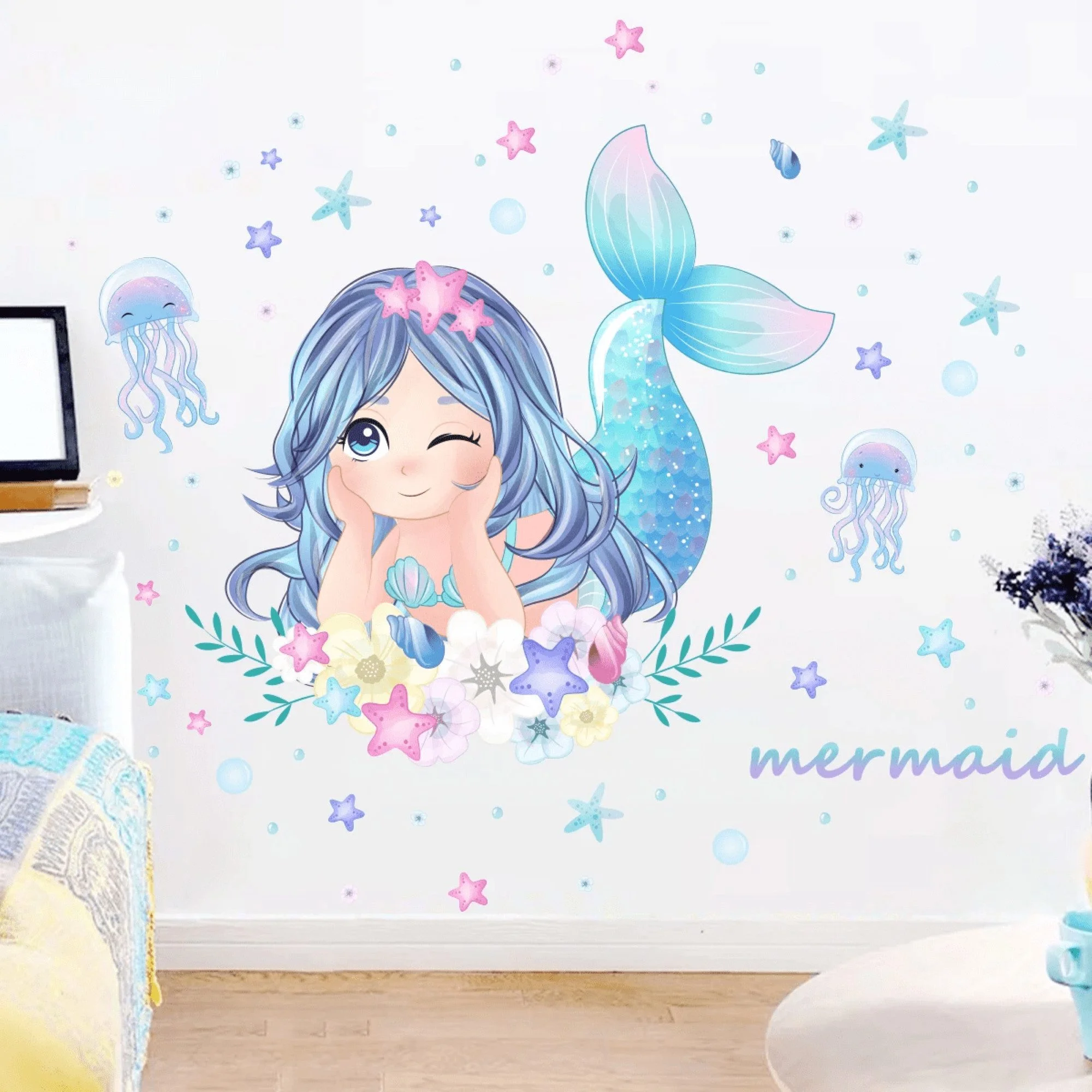 Mermaid, Jellyfish, Starfish & Flowers Wall Stickers