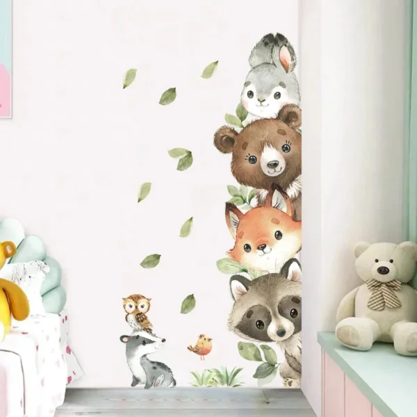 Wandsticker Bär, Fuchs & Hase mit Blättern – Hochformat