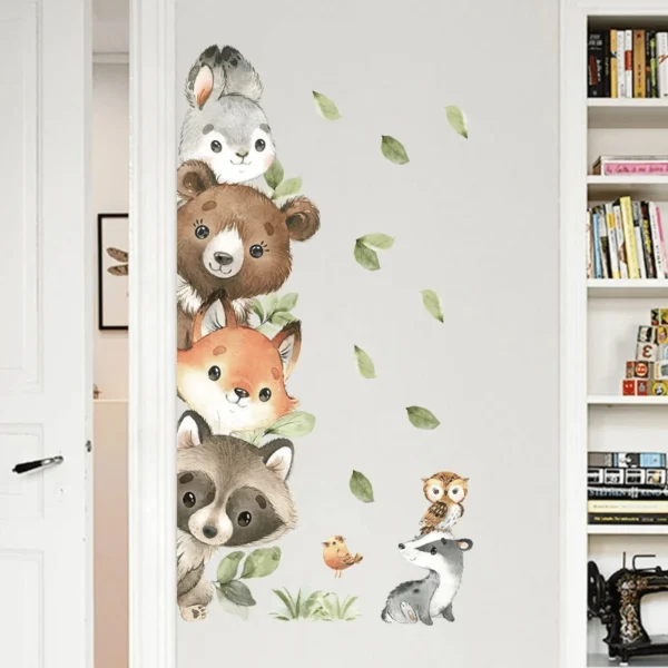 Wandsticker Bär, Fuchs & Hase mit Blättern – Hochformat