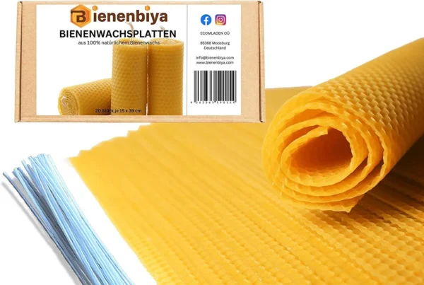 Bienenwachskerze Reine Bienenwachsplatten (18 STK. - 19,5x39,5cm) mit 20 Kerzendochte