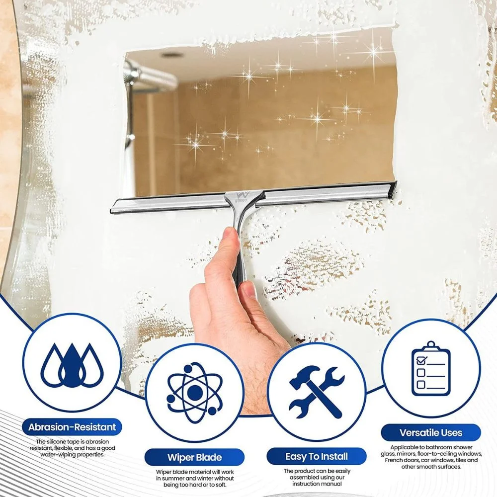 Stainless Steel Shower Squeegee with Wall Holder, No Drilling