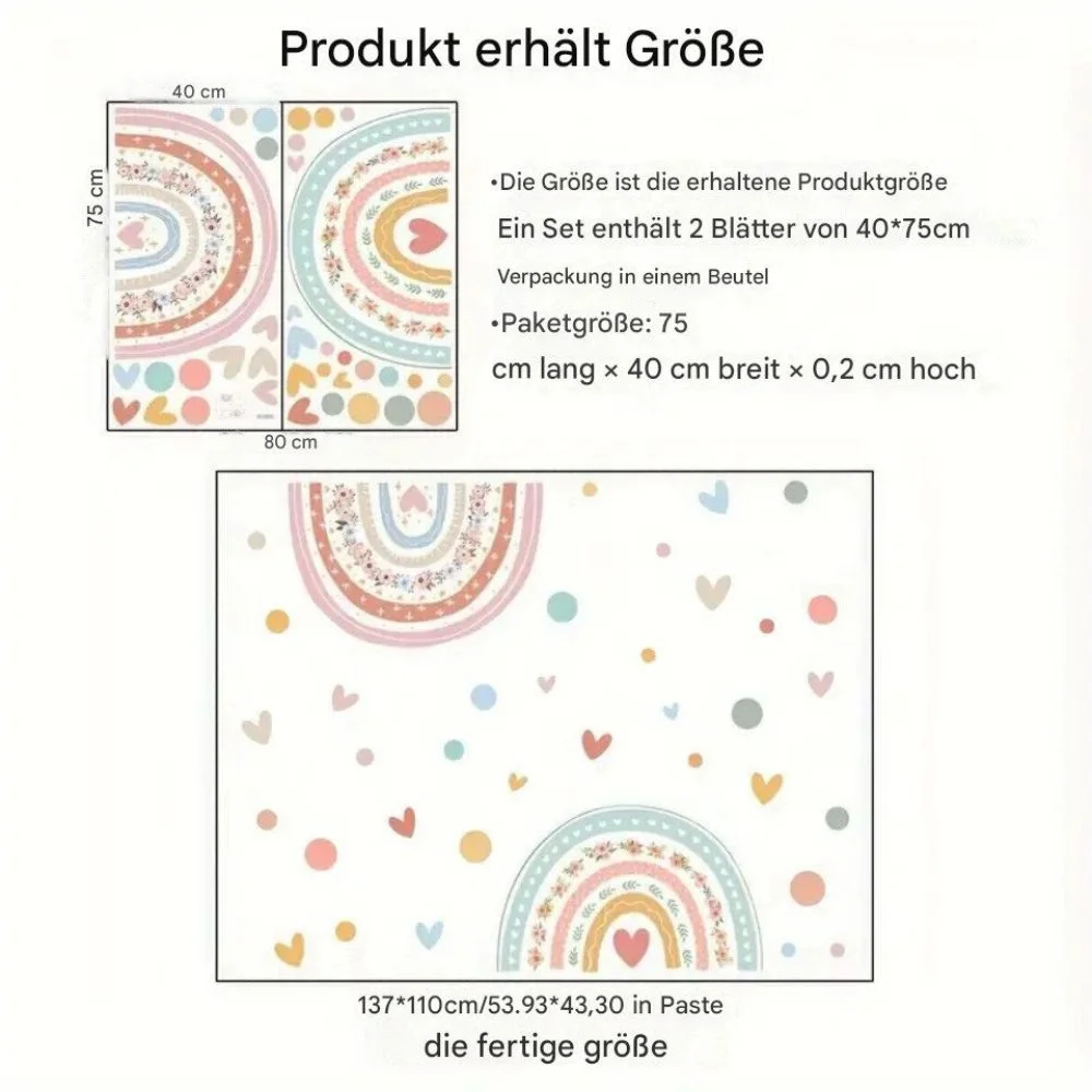 Wandaufkleber-Set Regenbogen, Blumen & Herz-Punkte, Grün-Rosa