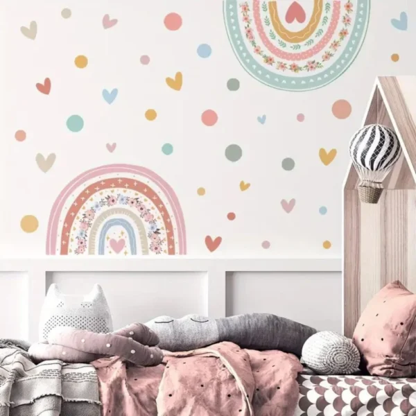 Wandaufkleber-Set Regenbogen, Blumen & Herz-Punkte, Grün-Rosa