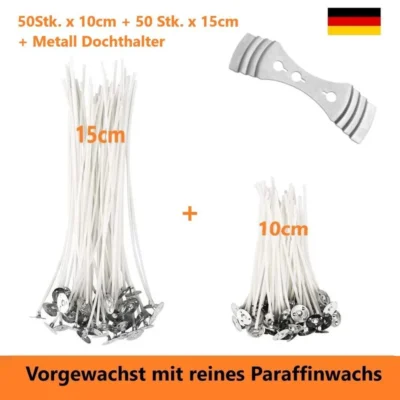 Kerzendochte mit Metallfuß, 100 Stück, 10 + 15 cm