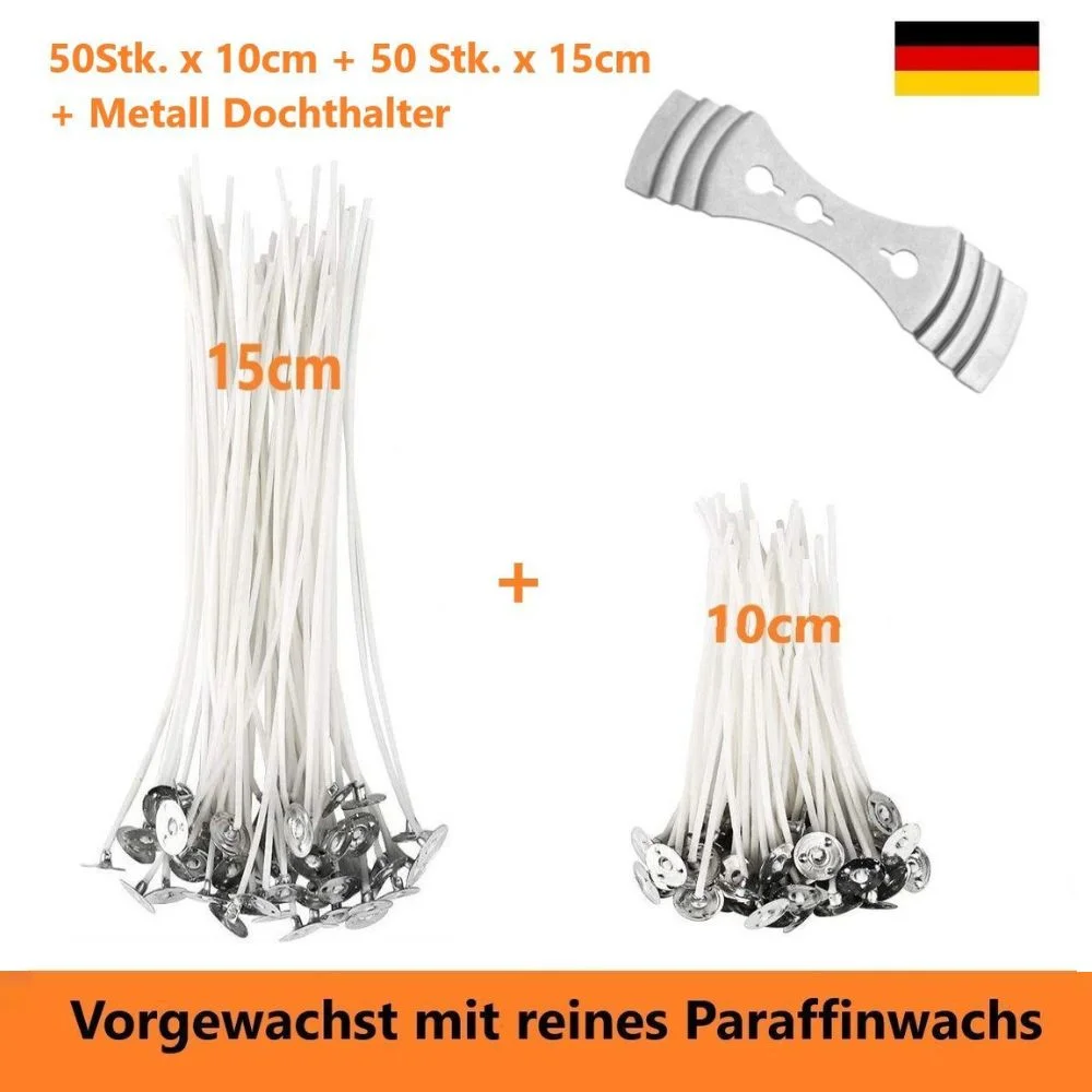 Kerzendochte mit Metallfuß, 100 Stück, 10 + 15 cm