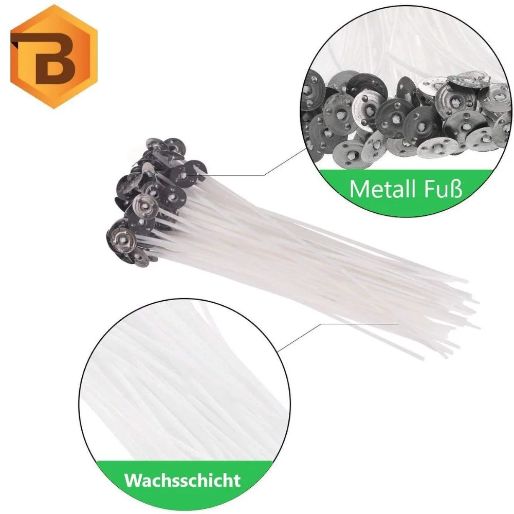 Kerzendochte mit Metallfuß, 100 Stück, 15 cm
