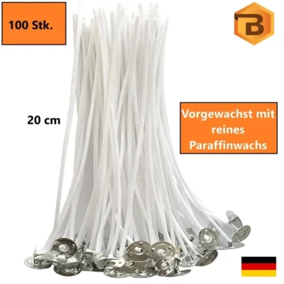 Pre-Waxed Candle Wicks with Metal Base, 100 Pieces, 20 cm