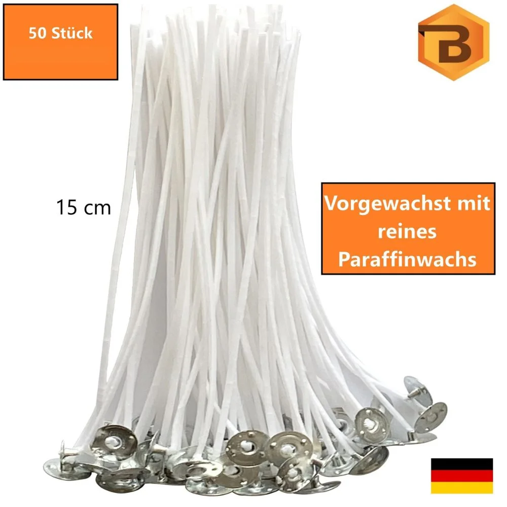 Kerzendochte mit Metallfuß, 50 Stück, 15 cm