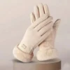 Damen-Touchscreen-Handschuhe mit Plüschfutter, Beige, Gr. M, 1 Paar