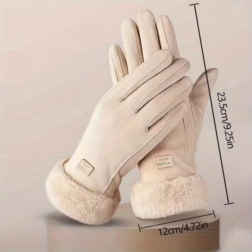 Damen-Touchscreen-Handschuhe mit Plüschfutter, Beige, Gr. M, 1 Paar