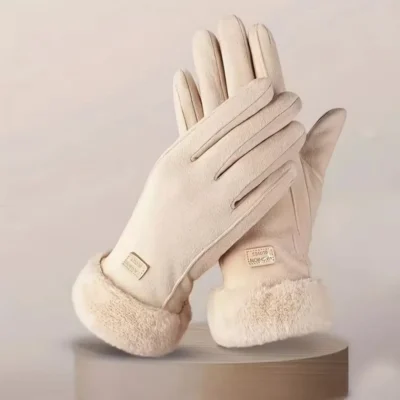 Women's Touchscreen Gloves with Plush Lining, Beige, Size M, 1 Pair