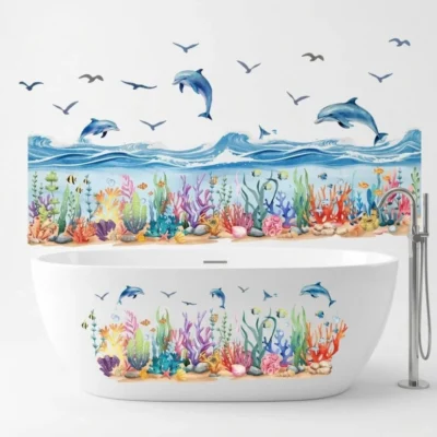 Wall stickers with dolphins and coral reefs, bathtub stickers