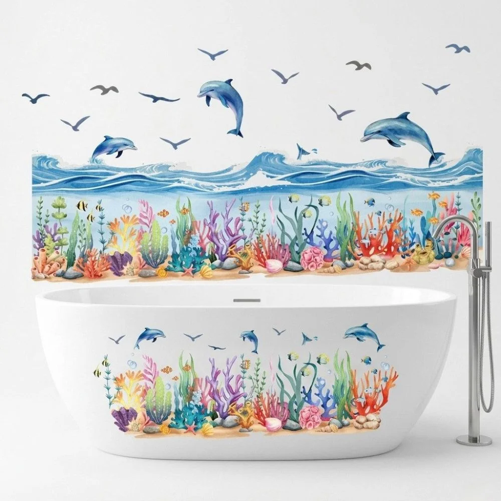 Wall stickers with dolphins and coral reefs, bathtub stickers
