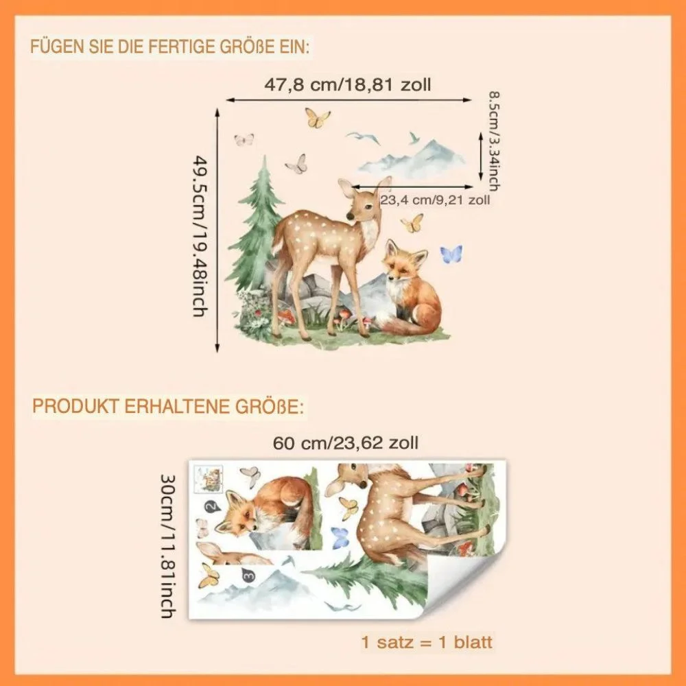 Wall sticker forest scene with fox and deer, removable sticker