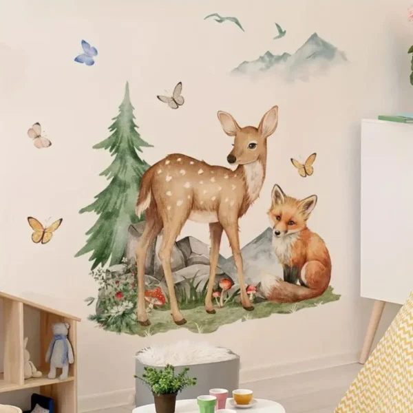 Wall sticker forest scene with fox and deer, removable sticker
