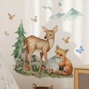 Wall sticker forest scene with fox and deer, removable sticker