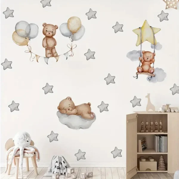 Wandsticker 3 Baby Bären mit Sternenballons, Wandsticker für Kinderzimmer