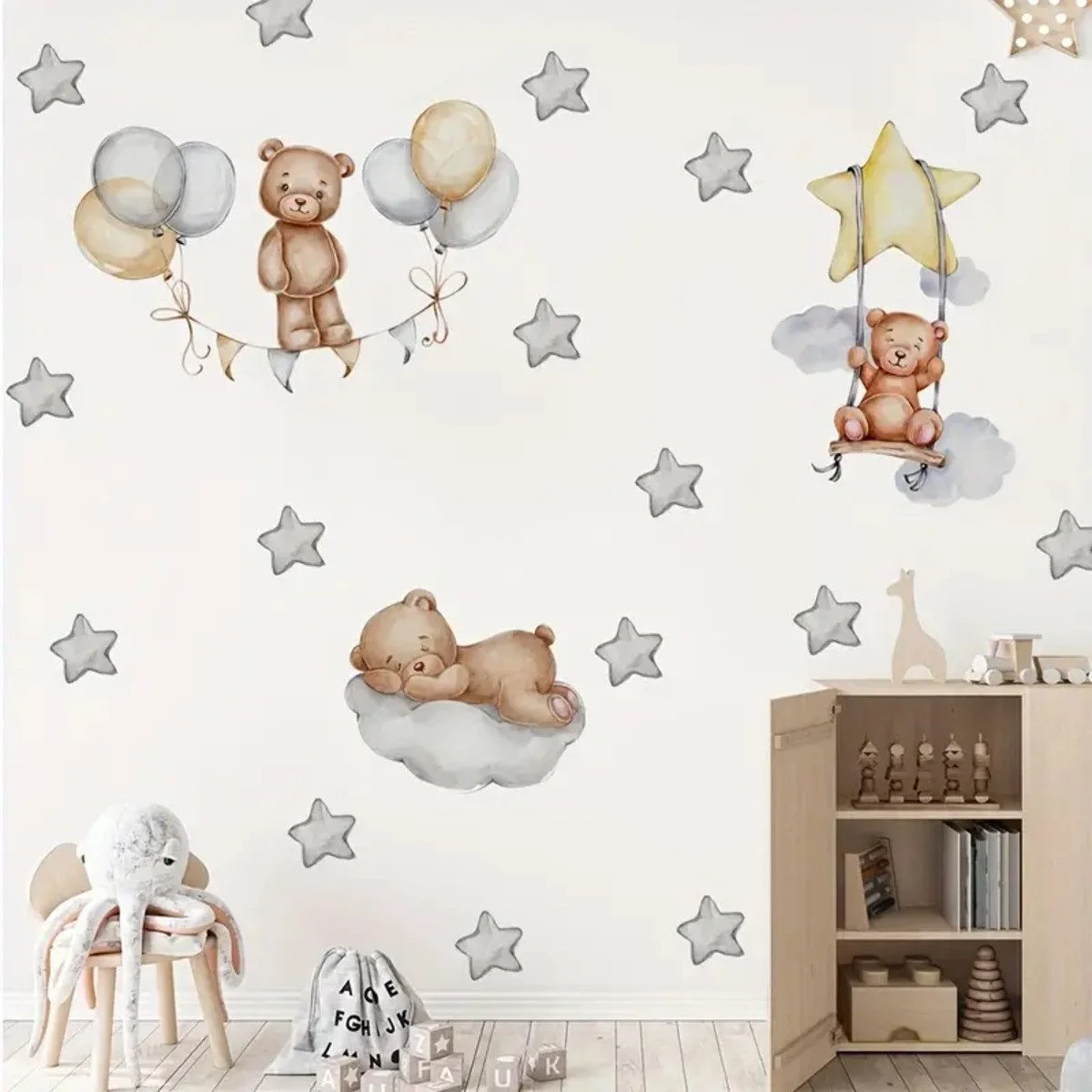 Wandsticker 3 Baby Bären mit Sternenballons, Wandsticker für Kinderzimmer