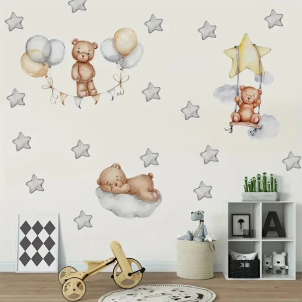 Wandsticker 3 Baby Bären mit Sternenballons, Wandsticker für Kinderzimmer