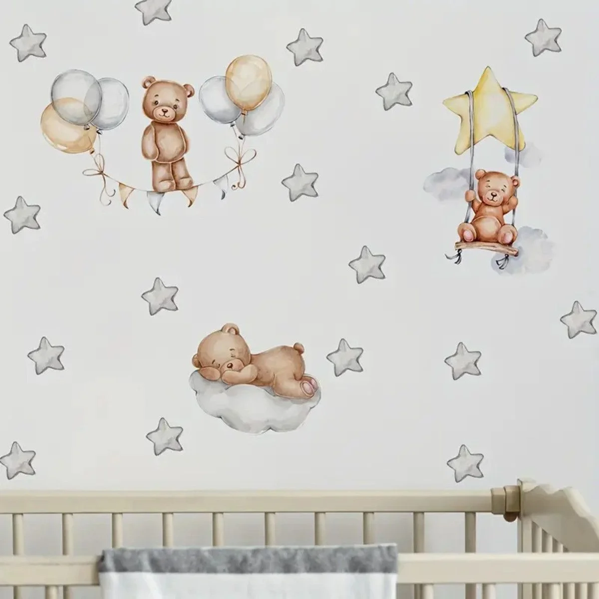 Wandsticker 3 Baby Bären mit Sternenballons, Wandsticker für Kinderzimmer