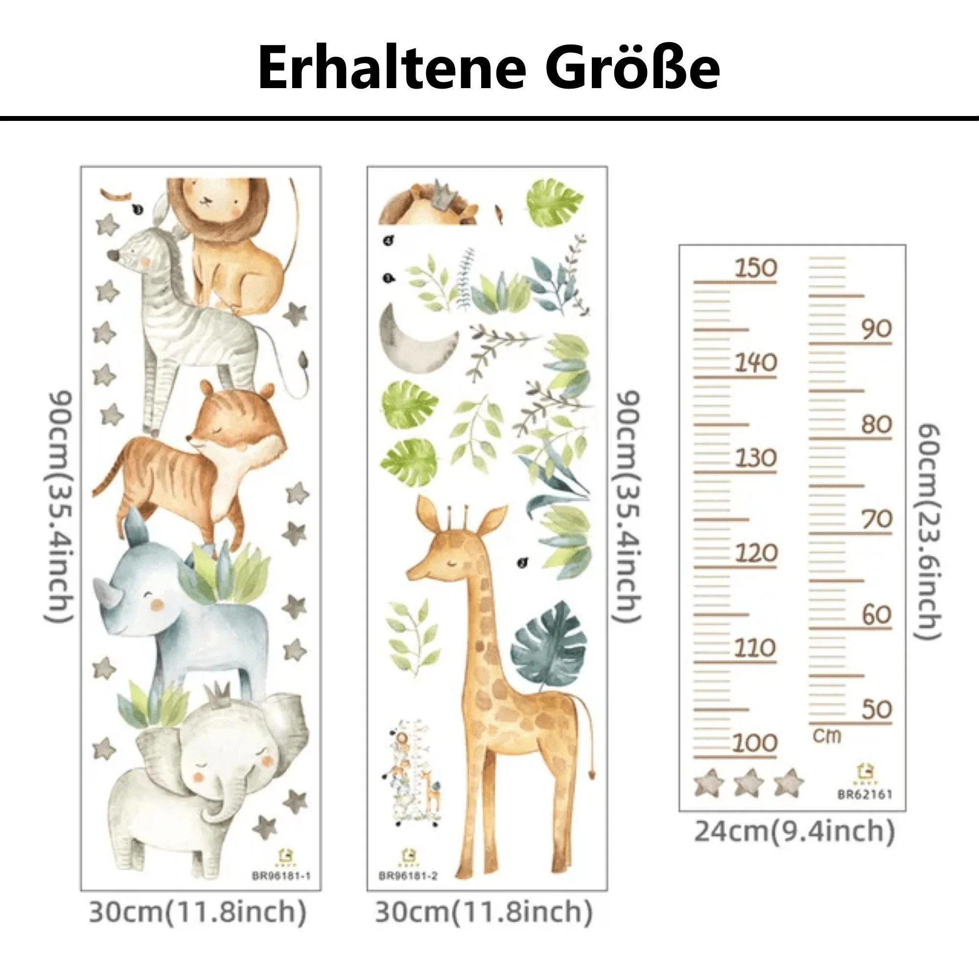 Messlatte Wandsticker Afrikanische Tiere mit Blättern, Mond & Sternen