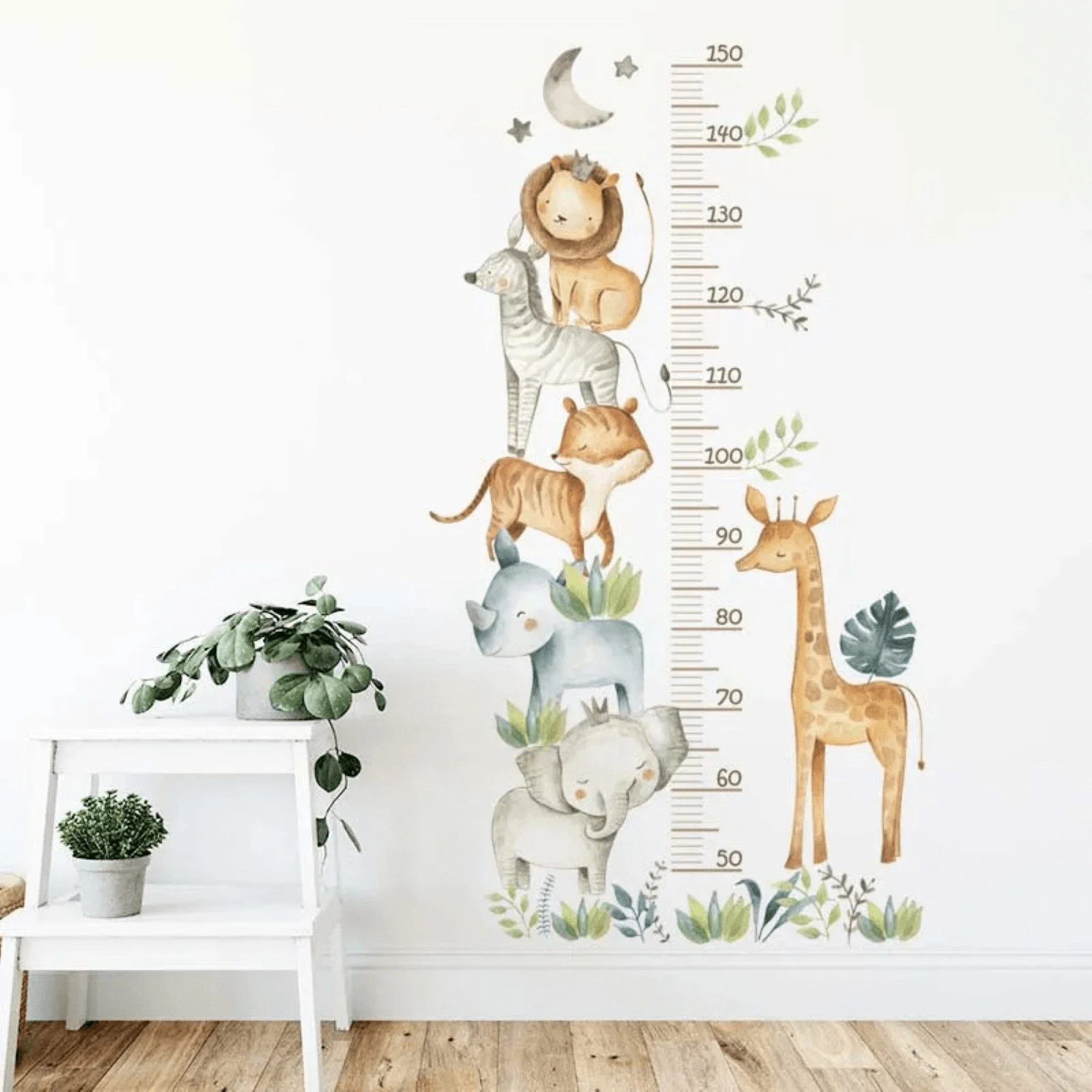 Messlatte Wandsticker Afrikanische Tiere mit Blättern, Mond & Sternen