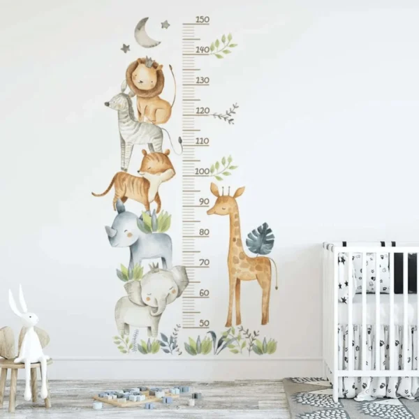 Messlatte Wandsticker Afrikanische Tiere mit Blättern, Mond & Sternen