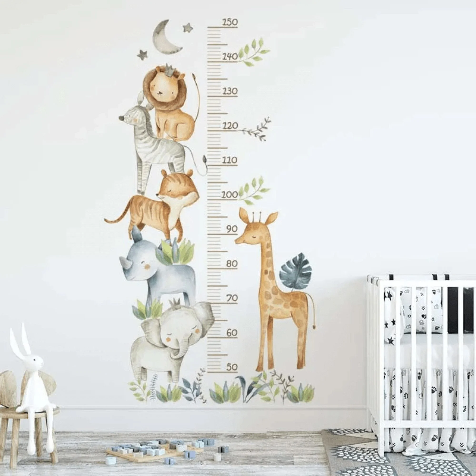 Messlatte Wandsticker Afrikanische Tiere mit Blättern, Mond & Sternen