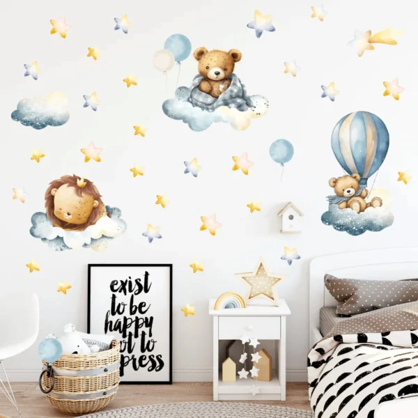 Lion & Bear with Balloon, Clouds & Stars Wall Sticker