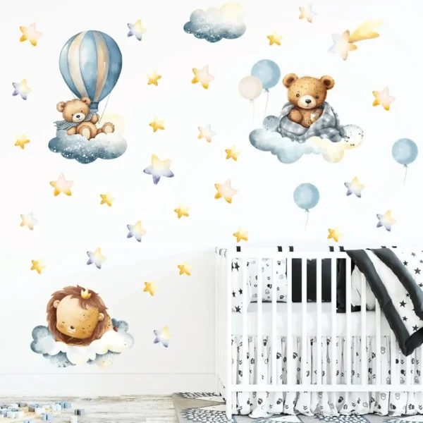 Lion & Bear with Balloon, Clouds & Stars Wall Sticker