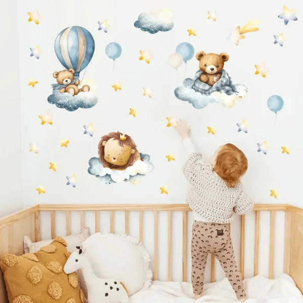 Lion & Bear with Balloon, Clouds & Stars Wall Sticker