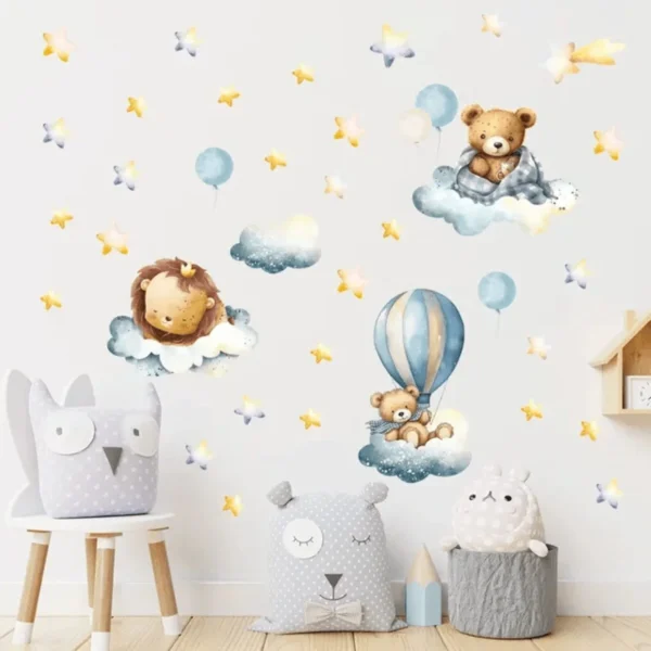 Lion & Bear with Balloon, Clouds & Stars Wall Sticker